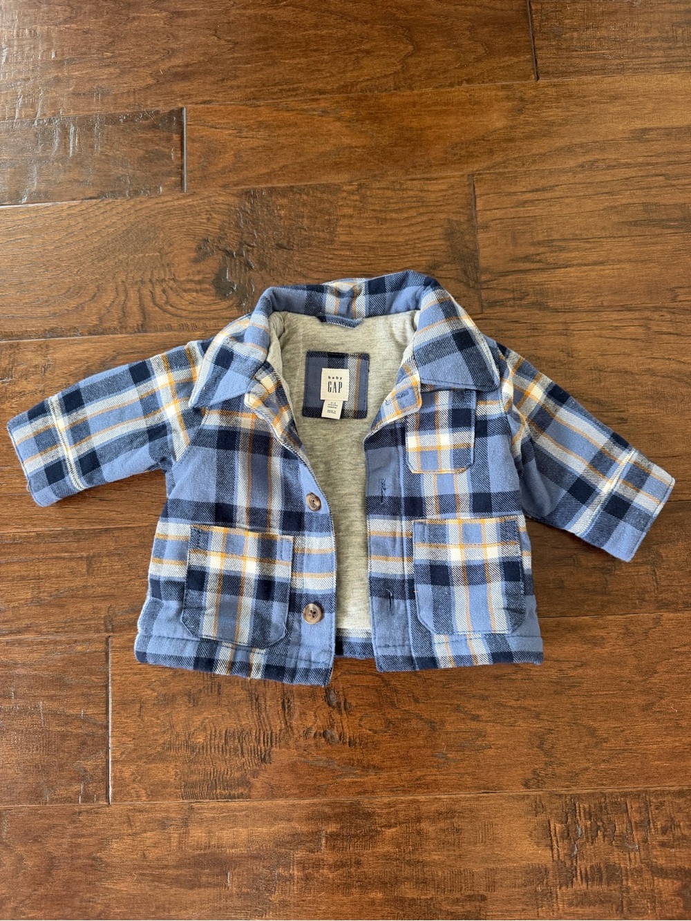 GAP Blue and Navy Plaid Baby Shirt Jacket with Yellow Accents